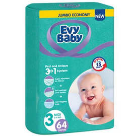 Подгузники для детей EVY BABY №3 Jumbo MIDI 5-9 кг, 64 шт