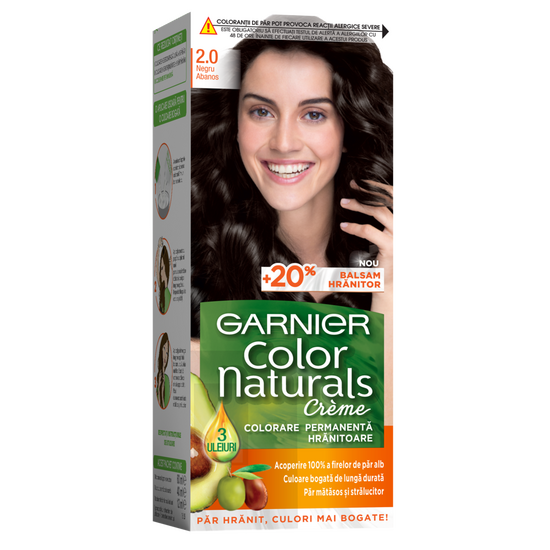 Vopsea-crema pentru par GARNIER Color Naturals, 2.0 Negru Abanos, +balsam hranitor, 112 ml